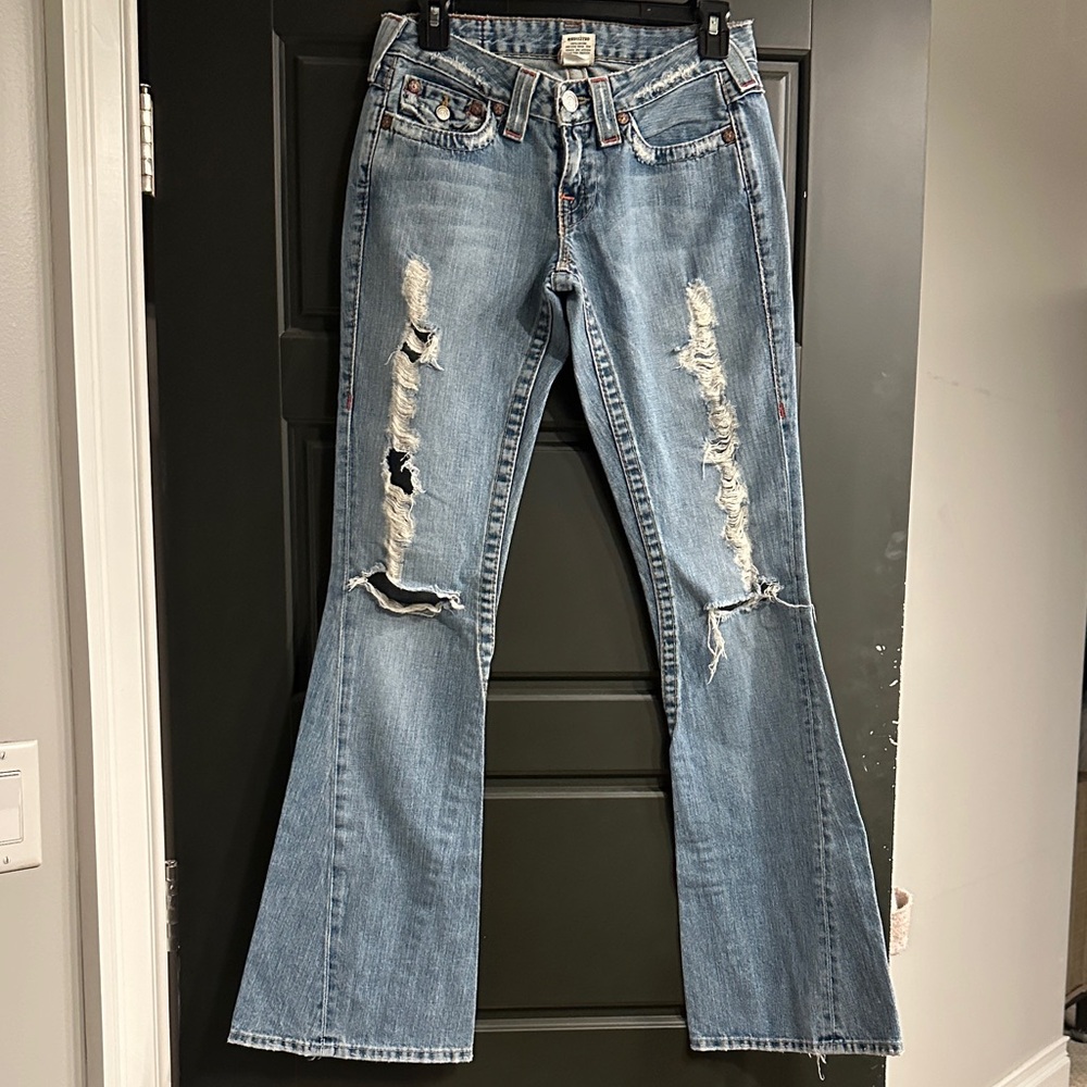 True Religion Light Blue Distressed Flare Jeans